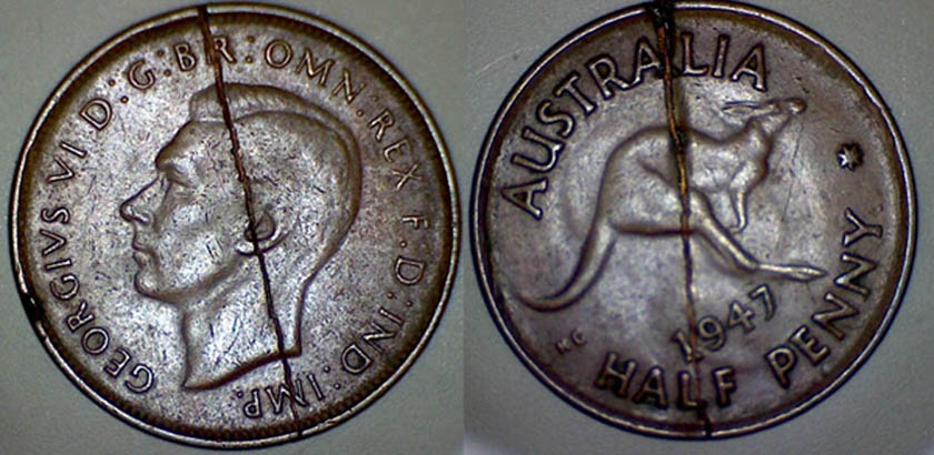 Australia-1947-Halfpenny---Cracked-In-Two